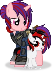 Size: 3392x4634 | Tagged: safe, artist:vector-brony, derpibooru import, oc, oc:blackjack, oc:gin rummy, unofficial characters only, fallout equestria, fallout equestria: project horizons, duo, female, filly, gun, image, looking at each other, mother and daughter, png, simple background, transparent background, vigilance (gun), weapon