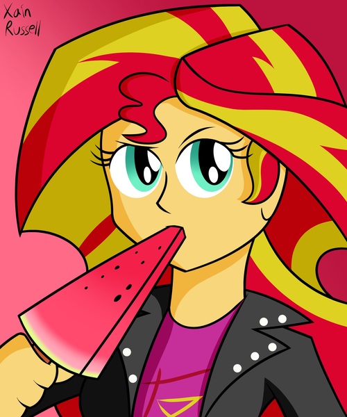 Size: 2000x2400 | Tagged: safe, artist:xain-russell, deleted from derpibooru, derpibooru import, sunset shimmer, ask sunset the otaku, equestria girls, frozen watermelon, solo