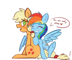 Size: 1200x1000 | Tagged: safe, artist:shiny-cooler, derpibooru import, applejack, rainbow dash, appledash, blushing, embarrassed, eyes closed, female, grin, heart, hug, lesbian, looking back, shipping, simple background, sitting, smiling, speech bubble, spread wings, swirly eyes, transparent background, underhoof, wide eyes, winghug