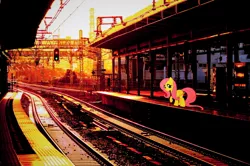 Size: 1024x678 | Tagged: safe, artist:novi-ta, derpibooru import, fluttershy, irl, photo, ponies in real life, raised hoof, solo, train station, train tracks, vector