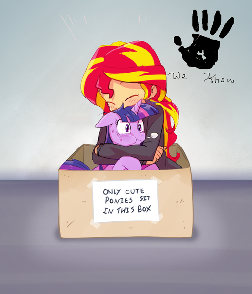 Size: 850x992 | Tagged: safe, artist:adequality, artist:baekgup, artist:trickydick, derpibooru import, edit, edited edit, sunset shimmer, twilight sparkle, twilight sparkle (alicorn), human, pony, equestria girls, :t, behaving like a cat, blushing, box, cute, daaaaaaaaaaaw, dark brotherhood, eyes closed, female, floppy ears, hnnng, holding a pony, hug, human on pony snuggling, lesbian, parody, pony in a box, puffy cheeks, shimmerbetes, shipping, sitting, skyrim, smiling, snuggling, sunsetsparkle, sweat, the elder scrolls, twiabetes, weapons-grade cute, wide eyes