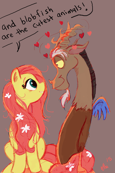 Size: 2000x3000 | Tagged: safe, artist:praysforaprankster, derpibooru import, discord, fluttershy, blobfish, dialogue, discoshy, female, heart, looking at each other, male, profile, shipping, speech bubble, straight