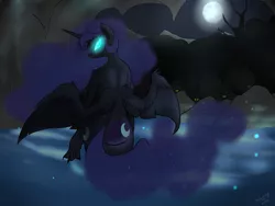 Size: 1032x774 | Tagged: anthro, artist:slouping, ass, bath, both cutie marks, breasts, busty nightmare moon, cave, claws, constellation, derpibooru import, female, glowing eyes, hollow shades, looking back, moonlight, night, nightbutt, nightmare moon, nightmare moonbutt, nudity, sexy, sideboob, solo, spread wings, stupid sexy nightmare moon, suggestive