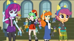 Size: 1366x768 | Tagged: safe, derpibooru import, screencap, brawly beats, captain planet, cloudy kicks, drama letter, golden hazel, mystery mint, scootaloo, scribble dee, watermelody, wiz kid, equestria girls, friendship games, background human, care root, chs rally song, derp, discovery family logo