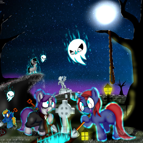 Size: 1280x1280 | Tagged: safe, artist:paulpeopless, derpibooru import, oc, oc:paulpeoples, oc:rainy season, oc:rosey ring, oc:tongspone, unofficial characters only, ghost, pony, undead, unicorn, dead, gravestone, graveyard, implied hanging, lantern, mind break, mind control, necromancer, necromancy, night, noose, statue