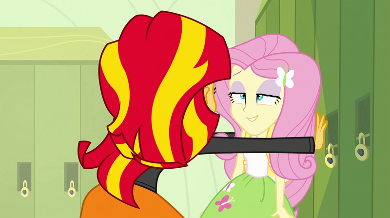 Size: 1280x715 | Tagged: safe, derpibooru import, edit, edited screencap, screencap, fluttershy, sunset shimmer, equestria girls, 1000 hours in ms paint, bedroom eyes, female, implied sunshyne, lesbian, ms paint, shipping, sunshyne