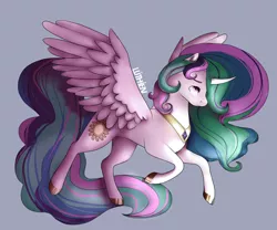 Size: 1024x853 | Tagged: artist:sofilut, curved horn, derpibooru import, princess celestia, safe, solo, spread wings