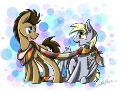 Size: 3264x2448 | Tagged: safe, artist:hilis, derpibooru import, derpy hooves, doctor whooves, time turner, pony, bubble, clothes, doctorderpy, male, scarf, shared clothing, shared scarf, shipping, simple background, smiling, stallion, straight, transparent background