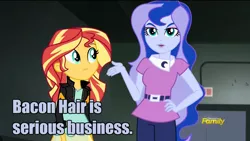 Size: 960x540 | Tagged: safe, derpibooru import, screencap, princess luna, sunset shimmer, equestria girls, friendship games, bacon hair, image macro, meme, serious business, vice principal luna