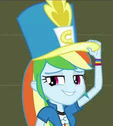 Size: 917x1021 | Tagged: safe, derpibooru import, screencap, rainbow dash, equestria girls, friendship games, canterlot high, chs rally song, clothes, faic, hat, nani sore, reaction image, shako, smug, smugdash, solo, wondercolts