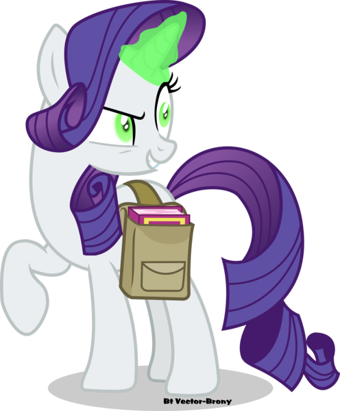 Size: 3150x3809 | Tagged: artist:vector-brony, book, corrupted, derpibooru import, glowing eyes, green eyes, green magic, inspirarity, inspiration manifestation, inspiration manifestation book, magic, possessed, rarity, saddle bag, safe, simple background, slasher smile, solo, transparent background, vector