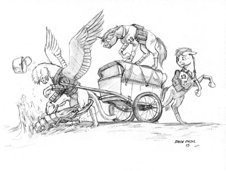 Size: 1200x913 | Tagged: safe, artist:baron engel, derpibooru import, oc, unofficial characters only, gryphon, insect, fallout equestria, cart, monochrome, monster, pencil drawing, traditional art