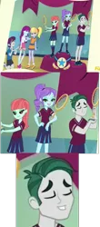 Size: 545x1239 | Tagged: safe, derpibooru import, screencap, crystal lullaby, indigo wreath, marco dafoy, melon mint, mystery mint, equestria girls, friendship games, animation error, background human, defeated, desperation, legs, losing, nose, smug, wreath's whys, yearbook