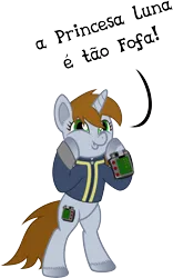 Size: 3111x5000 | Tagged: safe, artist:age3rcm, derpibooru import, oc, oc:littlepip, unofficial characters only, pony, unicorn, fallout equestria, fanfic, bipedal, clothes, comic, dashface, dialogue, fanfic art, female, hooves, horn, mare, pipbuck, portuguese, simple background, solo, translated in the description, transparent background, unshorn fetlocks, vault suit, vector