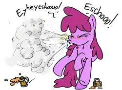 Size: 1024x758 | Tagged: artist:anyponedrawn, background pony, berry punch, berryshine, blushing, derpibooru import, drinking, drunk, female, force, mucus, nostrils, safe, sneeze cloud, sneezing, snot, spit, spray, strength