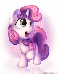 Size: 1100x1400 | Tagged: safe, artist:bobdude0, derpibooru import, sweetie belle, pony, unicorn, cute, diasweetes, female, filly, fluffy, happy, heart, i really like her mane, looking up, open mouth, raised hoof, smiling, solo