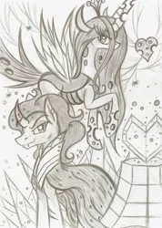 Size: 1629x2290 | Tagged: artist:rossmaniteanzu, crystal heart, derpibooru import, heart, king sombra, monochrome, queen chrysalis, safe, sketch, spider web, traditional art