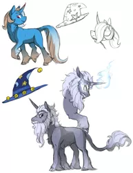 Size: 1280x1656 | Tagged: safe, artist:animalstamp, derpibooru import, star swirl the bearded, trixie, classical unicorn, pony, unicorn, cloven hooves, curved horn, glowing eyes, hat, leonine tail, magic, unshorn fetlocks, wizard hat