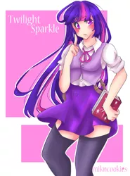 Size: 1224x1656 | Tagged: abstract background, artist:mikncookies, blushing, book, clothes, cute, derpibooru import, female, human, humanized, looking at you, safe, skirt, socks, solo, thigh highs, twiabetes, twilight sparkle, zettai ryouiki