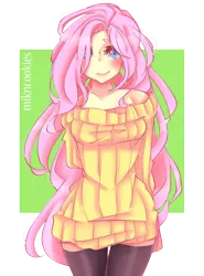 Size: 1224x1656 | Tagged: artist:mikncookies, black stockings, blushing, clothes, cute, derpibooru import, digital art, female, fluttershy, hands behind back, human, human female, humanized, light skin, long sleeves, off shoulder, off shoulder sweater, safe, shyabetes, solo, stockings, sweater, sweatershy, thigh highs, yellow sweater