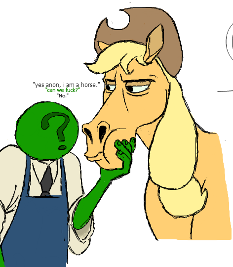 Size: 472x540 | Tagged: applejack, apron, artist:anontheanon, clothes, cowboy hat, derpibooru import, disney, flockmod, hat, horse, human, mr. horse, necktie, oc, oc:anon, questionable, shirt, squishy cheeks, stetson, the aristocats, unamused, vulgar