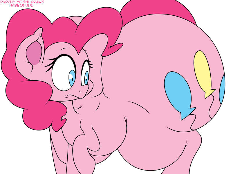 Size: 1327x1000 | Tagged: artist:habbodude, artist:purple-yoshi-draws, ass, balloonbutt, butt expansion, derpibooru import, edit, female, huge butt, impossibly large butt, large butt, looking back, pinkie pie, plot, questionable, simple background, solo, solo female, the ass was fat