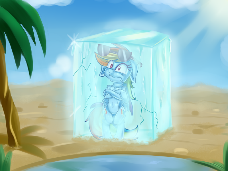 Size: 4000x3000 | Tagged: safe, artist:discorded, derpibooru import, rainbow dash, pegasus, semi-anthro, absurd resolution, belly button, bipedal, cold, desert, female, floppy ears, fluffy, freezing, frown, frozen, ice, image, mare, oasis, palm tree, png, shivering, solo, sunglasses, too cool, tree, wavy mouth, wide eyes