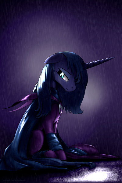 Size: 2100x3150 | Tagged: artist:zoarvek, clothes, costume, derpibooru import, frown, mare do well, princess luna, rain, s1 luna, sad, safe, sitting, solo