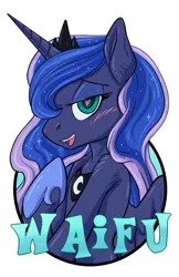 Size: 825x1275 | Tagged: safe, artist:hobbes-maxwell, derpibooru import, princess luna, alicorn, pony, bedroom eyes, blushing, female, heart eyes, jewelry, mare, regalia, solo, waifu, waifu badge, wingding eyes