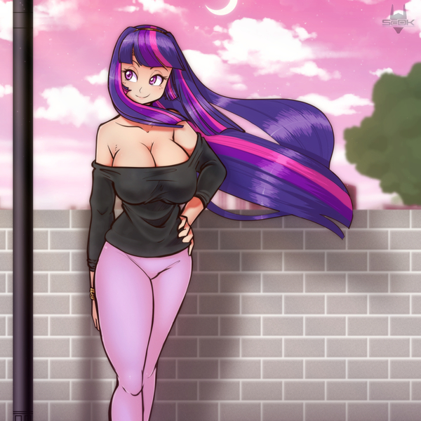 Size: 1280x1280 | Tagged: artist:scorpdk, big breasts, blue hair, bracelet, braless, breasts, busty twilight sparkle, city, cleavage, clothes, cloud, crescent moon, derpibooru import, eyelashes, female, hand on hip, human, humanized, jewelry, light skin, long hair, looking away, moon, multicolored hair, off shoulder, outdoors, pink hair, purple hair, shoulderless, sky, smiling, solo, stars, strapless, suggestive, tree, twilight sparkle