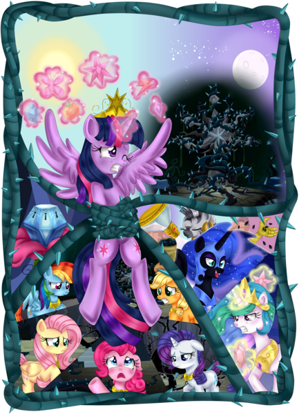 Size: 3283x4550 | Tagged: safe, artist:lucy-tan, derpibooru import, applejack, discord, fluttershy, nightmare moon, pinkie pie, princess celestia, princess luna, rainbow dash, rarity, tree of harmony, twilight sparkle, twilight sparkle (alicorn), zecora, alicorn, pony, zebra, princess twilight sparkle (episode), black vine, female, mare, seeds