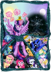 Size: 3283x4550 | Tagged: safe, artist:lucy-tan, derpibooru import, applejack, discord, fluttershy, nightmare moon, pinkie pie, princess celestia, princess luna, rainbow dash, rarity, tree of harmony, twilight sparkle, twilight sparkle (alicorn), zecora, alicorn, pony, zebra, princess twilight sparkle (episode), black vine, female, mare, seeds
