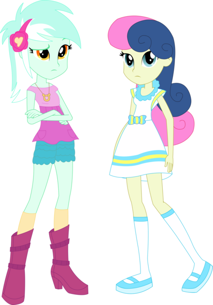 Size: 1977x2823 | Tagged: safe, artist:sketchmcreations, derpibooru import, bon bon, lyra heartstrings, sweetie drops, equestria girls, life is a runway, rainbow rocks, boots, clothes, crossed arms, duo, headband, inkscape, necklace, raised eyebrow, simple background, transparent background
