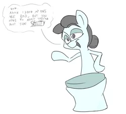 Size: 2000x1811 | Tagged: artist:anontheanon, bedroom eyes, but why, derpibooru import, dialogue, grin, implied anon, object pony, oc, oc:kohlette, original species, ponified, pun, safe, simple background, solo, toilet, toilet pony, unofficial characters only, vulgar, wat