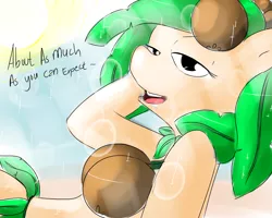 Size: 1000x800 | Tagged: artist:littlebrownzebraicarus, bedroom eyes, coconut, coconut bikini, derpibooru import, dialogue, looking at you, oc, plant pony, safe, solo, sun, talking to viewer, tanning, unofficial characters only