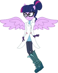 Size: 5220x6570 | Tagged: safe, artist:illumnious, derpibooru import, sci-twi, twilight sparkle, equestria girls, friendship games, absurd resolution, clothes, eared humanization, glasses, lab coat, ponied up, scitwilicorn, simple background, solo, transparent background, vector, winged humanization