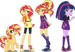 Size: 3500x2426 | Tagged: safe, artist:xebck, derpibooru import, sunset shimmer, twilight sparkle, alicorn, pony, equestria girls, friendship games, alicornified, alternate hairstyle, alternate universe, clothes, clothes swap, crystal prep academy, crystal prep academy uniform, crystal prep shadowbolts, cute, frilly socks, frown, looking at you, open mouth, pleated skirt, ponytail, race swap, raised hoof, role reversal, school uniform, shimmerbetes, shimmercorn, simple background, skirt, smiling, socks, transparent background, vector, waving