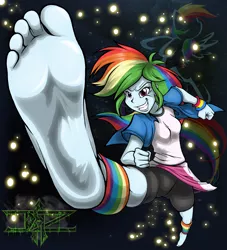 Size: 3508x3861 | Tagged: safe, artist:dazidentevil, derpibooru import, rainbow dash, equestria girls, barefoot, clothes, feet, foot fetish, foot focus, kicking, leg warmers, soles, solo