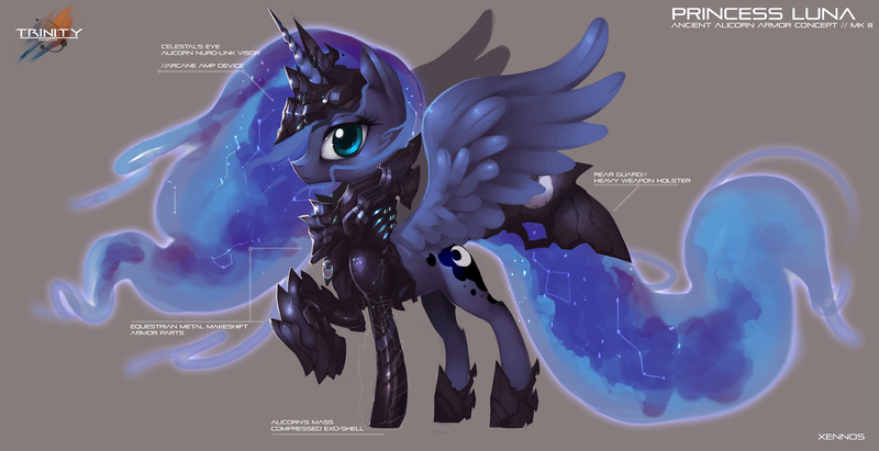 Size: 1946x1000 | Tagged: armor, artist:xennos, derpibooru import, frown, looking at you, princess luna, raised hoof, safe, solo, spread wings, trinity: rebirth