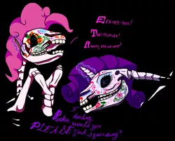 Size: 1120x899 | Tagged: artist:captain_fruitslime, derpibooru import, dia de los muertos, eyes closed, face paint, magic, open mouth, paint, pinkie pie, rarity, safe, skelepony, skeleton, skeleton pony, smiling, telekinesis