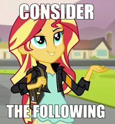Size: 925x997 | Tagged: safe, derpibooru import, screencap, sunset shimmer, equestria girls, friendship games, bill nye the science guy, consider the following, image macro, meme, reaction image, solo, sunset the science gal