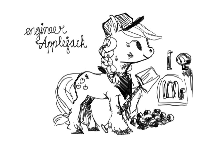 Size: 1280x905 | Tagged: applejack, artist:spectralunicorn, coal, derpibooru import, engineer, monochrome, safe, sketch, solo