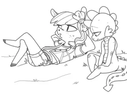 Size: 988x733 | Tagged: anthro, apple bloom, artist:spectralunicorn, crossed legs, derpibooru import, lying down, monochrome, on back, safe, sitting, sketch, spike