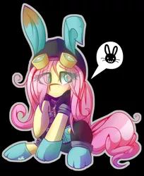 Size: 2385x2929 | Tagged: safe, artist:mimtii, derpibooru import, fluttershy, pegasus, pony, black background, bunny ears, clothes, costume, dangerous mission outfit, emoticon, eye clipping through hair, female, goggles, hair over one eye, hoodie, mare, pictogram, raised hoof, simple background, sitting, solo, thought bubble