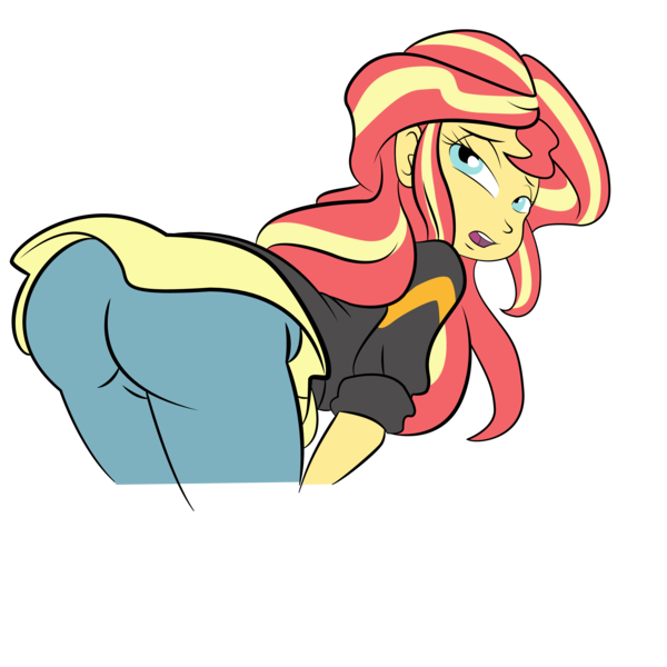 Size: 3000x3000 | Tagged: suggestive, artist:ponut_joe edit, artist:tom7cruise, derpibooru import, edit, sunset shimmer, equestria girls, app, ass, bent over, blushing, bunset shimmer, butt, clothes, female, game, it's happening, jeans, leggings, looking at you, looking back, open mouth, simple background, solo, solo female, spank dat ass, trace, transparent background, vector