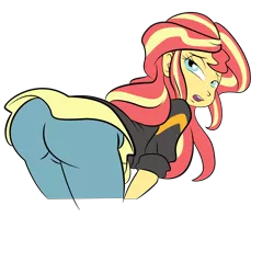 Size: 3000x3000 | Tagged: suggestive, artist:ponut_joe edit, artist:tom7cruise, derpibooru import, edit, sunset shimmer, equestria girls, app, ass, bent over, blushing, bunset shimmer, butt, clothes, female, game, it's happening, jeans, leggings, looking at you, looking back, open mouth, simple background, solo, solo female, spank dat ass, trace, transparent background, vector