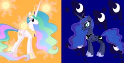 Size: 902x459 | Tagged: safe, derpibooru import, princess celestia, princess luna, alicorn, pony, crown, cutie mark background, cutie mark quests, female, jewelry, mare, regalia