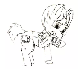 Size: 2156x1912 | Tagged: safe, artist:iyatsu, derpibooru import, oc, oc:littlepip, unofficial characters only, pony, unicorn, fallout equestria, fanfic, black and white, clothes, fanfic art, female, grayscale, hooves, horn, lip bite, mare, monochrome, pencil drawing, pipboy, pipbuck, simple background, solo, traditional art, vault suit, white background