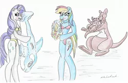 Size: 2313x1506 | Tagged: anthro, artist:thunderingpikachu, beach, beach ball, bikini, blowing, blushing, clothes, derpibooru import, inflatable, inflatable toy, inflating, kanga, kangaroo, pool toy, puffy cheeks, rainbow dash, rarity, roo, safe, swimsuit, traditional art, unguligrade anthro, water wings, whale, winnie the pooh