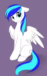 Size: 1024x1649 | Tagged: safe, artist:solweig, derpibooru import, oc, oc:rainy, unofficial characters only, pegasus, pony, blue eyes, blushing, rule 63, sitting, smiling, solo, wings